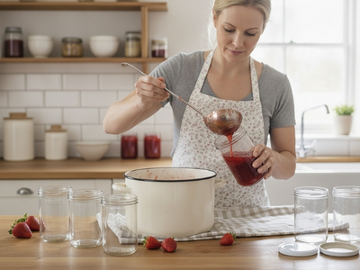Einmachgläser werden mit Marmelade befüllt